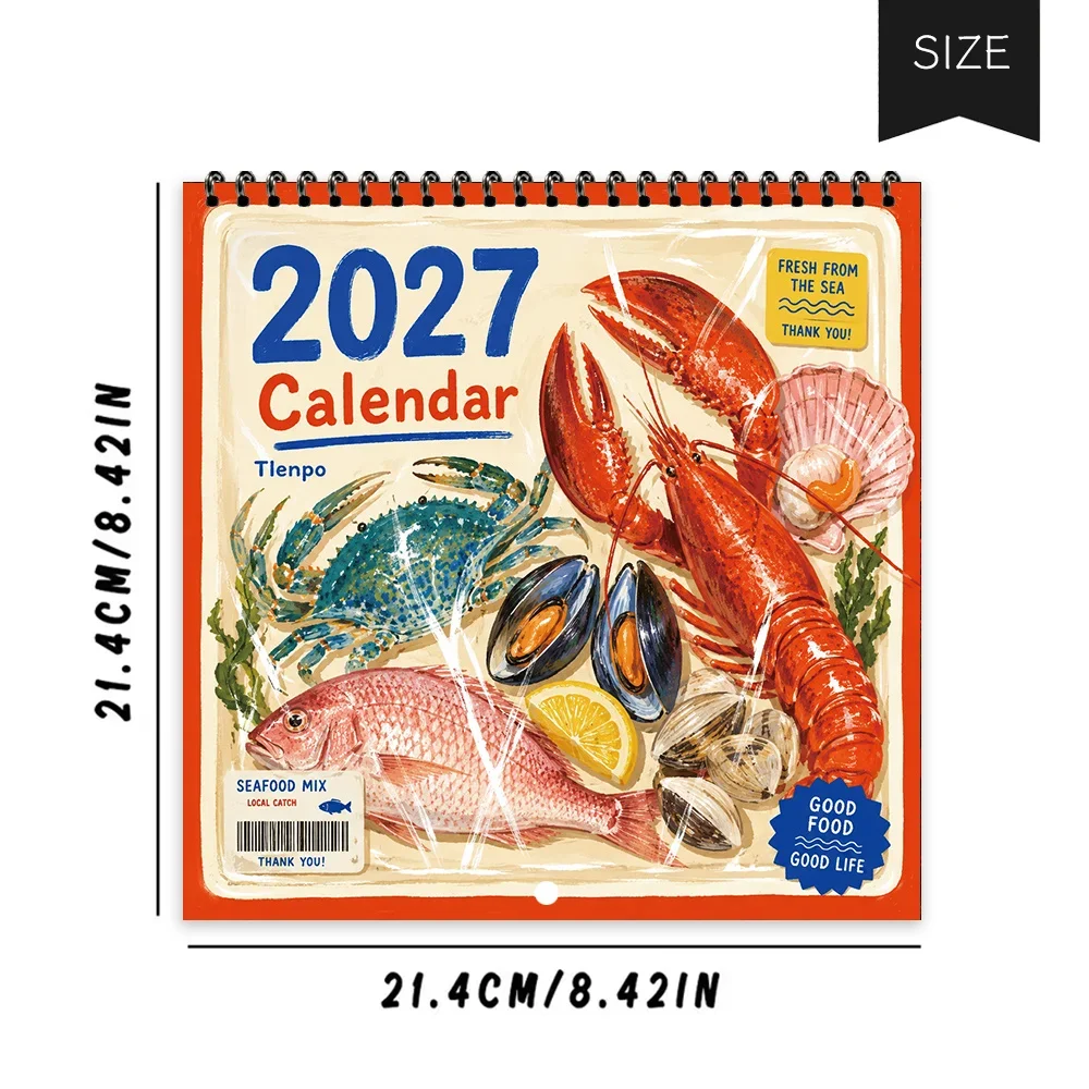 1pc 2027 Seafood Illustration Wall Calendar,12-Month Monthly Planner,Perfect Gift for Back-to-School Season, Christmas, New Year