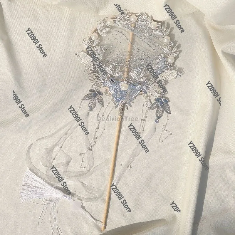 Ancient Palace Long Handle Fan, Pearl Flower Tassel Ribbon Design, Hanfu & Wedding Accessory