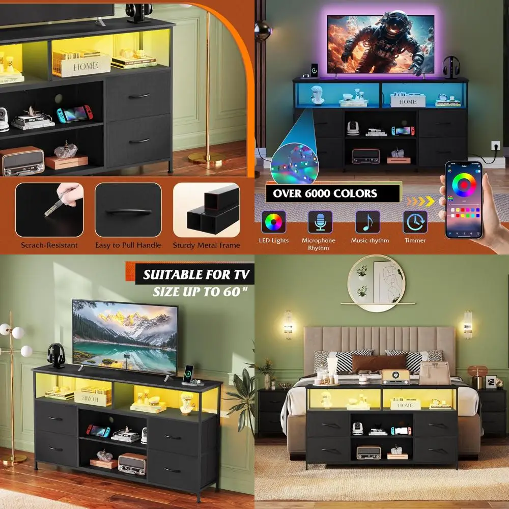 

Black TV Stand with LED Lights and Fabric Drawers for 50-60 Inch TVs, Entertainment Center for Bedroom and Living Room with Open