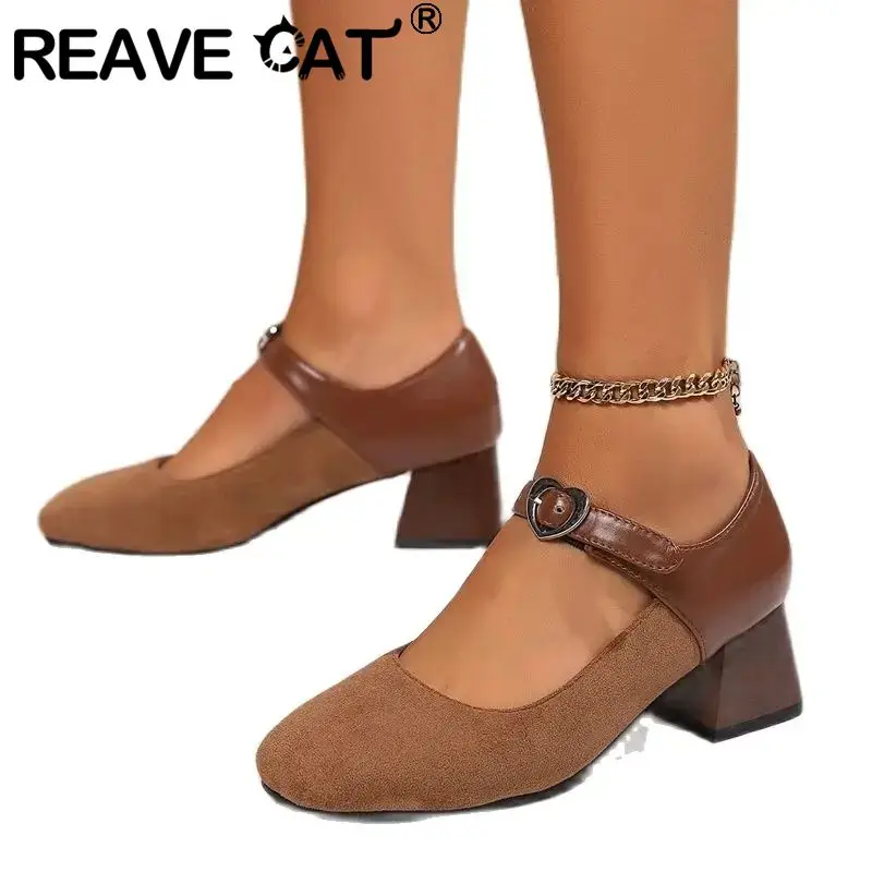 REAVE CAT Women Pumps Flock Suede Toe Buckle Strap Block Heels 5cm Big Size 45 46 47 Soft Daily Janes Shoes