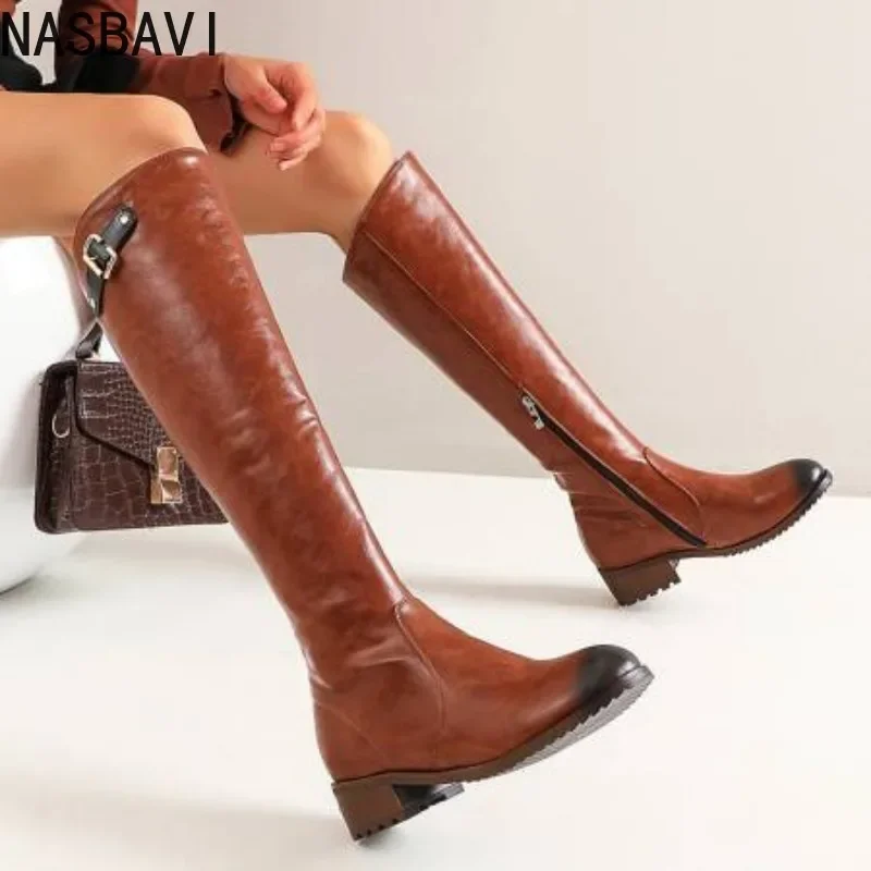 

NASBAVI Womens Designer Boots Med Heel Beside Zip Sexy Knee Boots Autumn Winter Plush Warm Knights Women Boots Big Size 34-48