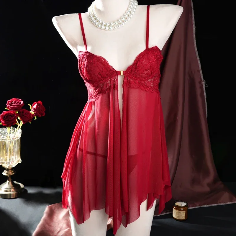 

Women Red Temptation Nightdress Front Buttoned with Thong Set Steel Ring Home Dress Sleepwear Sexy Lace See-through Nightgown