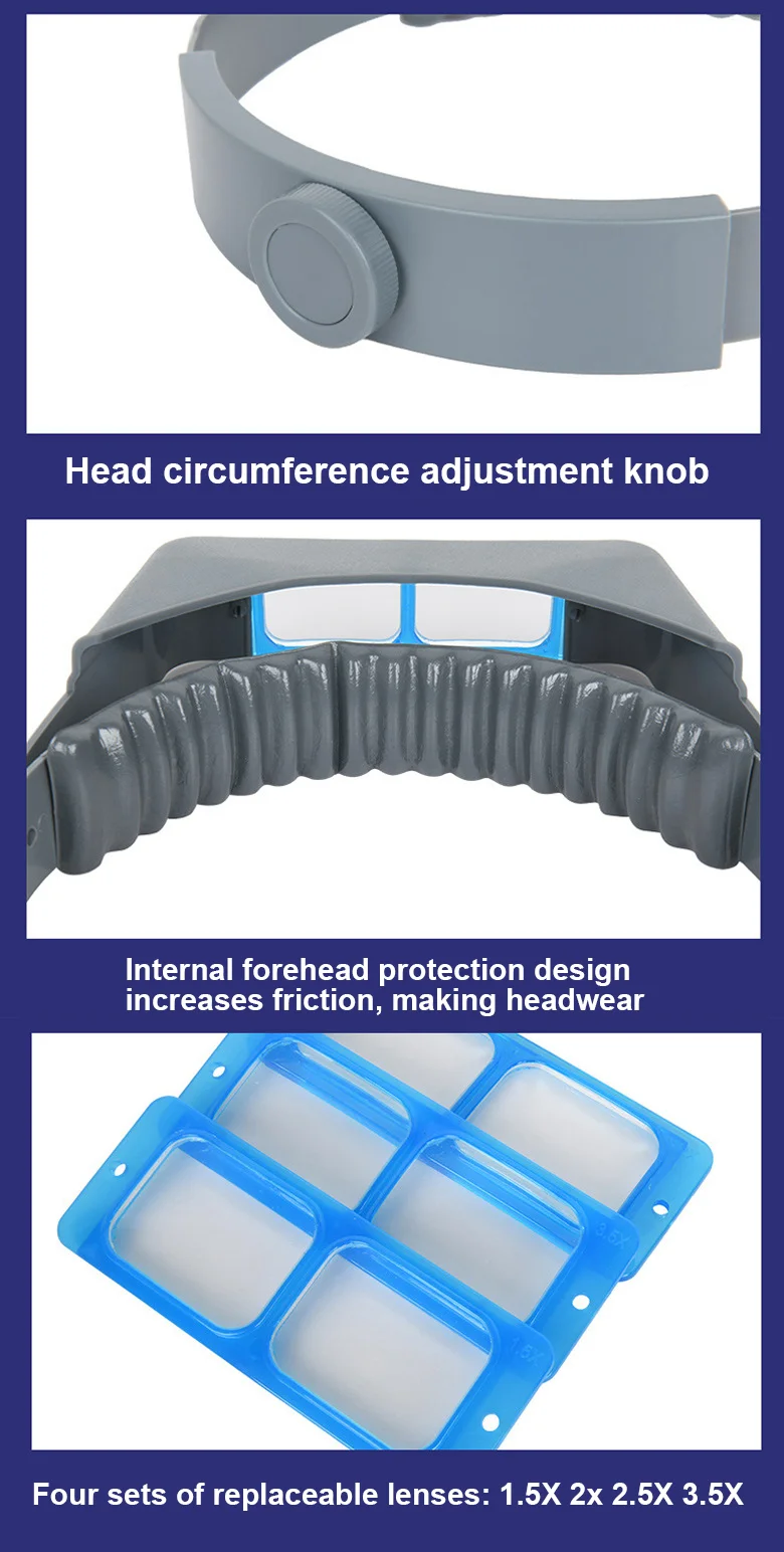Stirnband-Lupe 1,5X2X2,5X3,5X 4-Linsen-Vergrößerungsglas mit LED-Beleuchtung, Kopfmontierte Lupe für Uhrenreparatur, Schmuck und Lesen – Detail 4