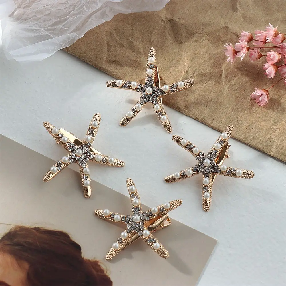 Summer Beach Hair Jewelry Bridal Headpiece Starfish Hairpin Hair Clips Girls Barrettes Rhinestone Pearl