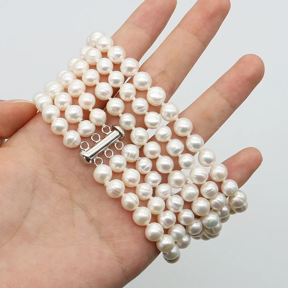 

Light Luxury Elegant Natural Freshwater Three-Row Clasped Threaded Round Bead Necklace Plump Luster Hot-Selling Bracelet Jewelry