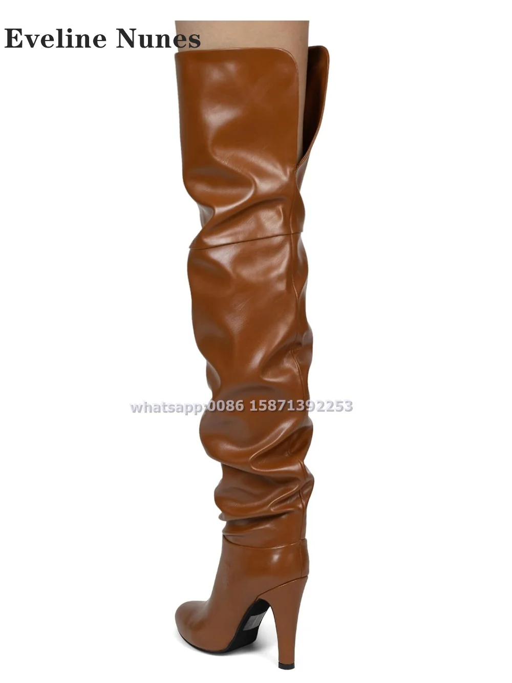 Almond-Toe Thigh-High Heeled Slouch Boot Brown V-Cut Solid Splicing Sexy Tall Boots Spicy Girl Runway Show Big Size Modern Boots