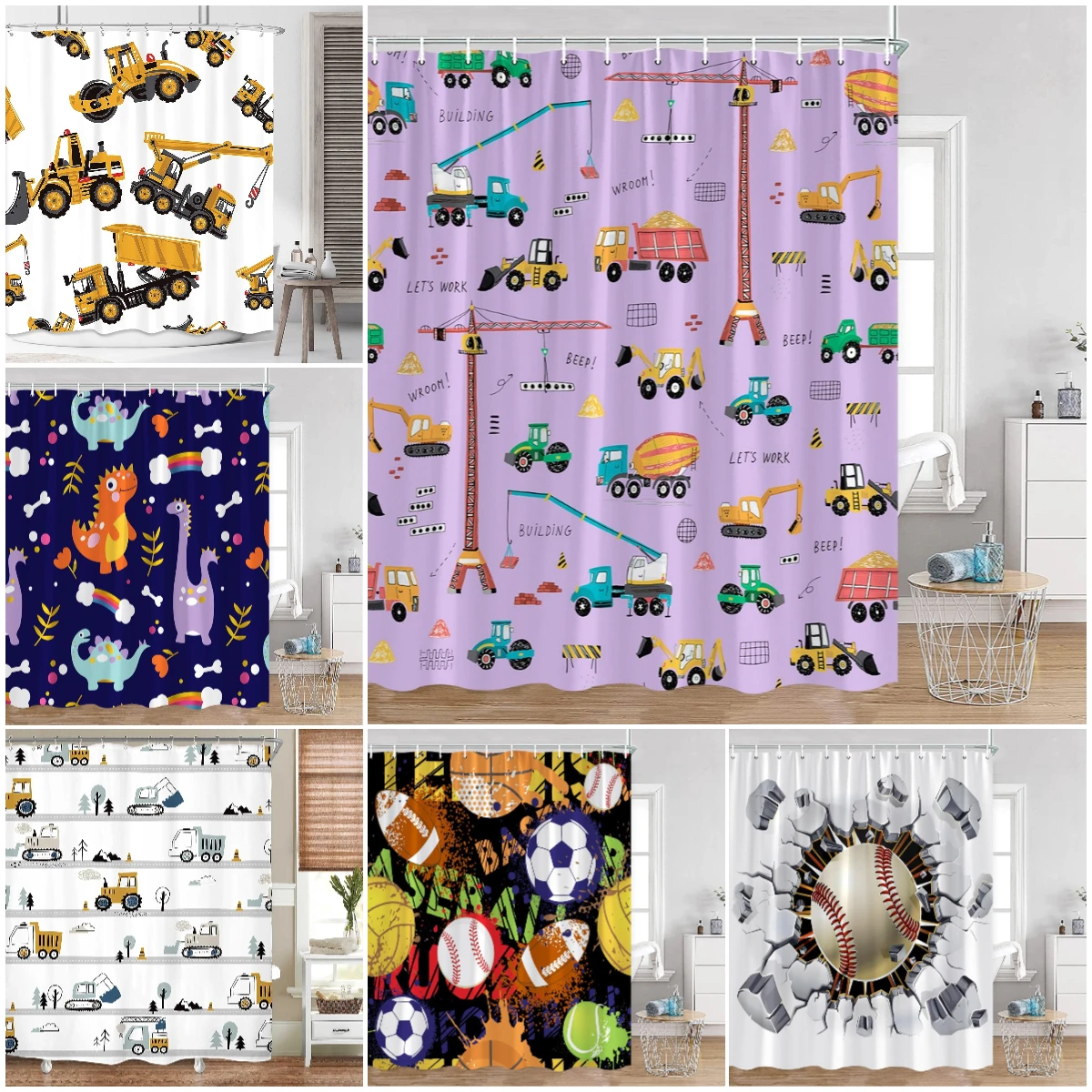 Cartoon Engineering Cars Shower Curtains Bus Toys Pattern Sports Ball Football Baseball Bathroom Curtain Kids Bathtub Decoration