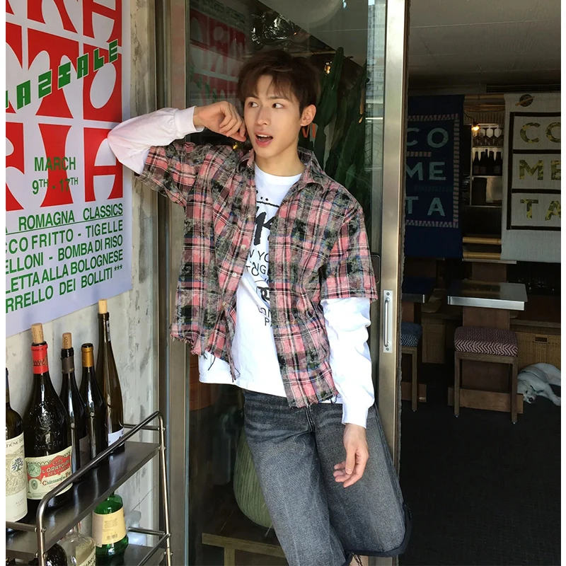 

Trendy Boy's Plaid Dye irt ort Sve Thin Outerwear Vintage Vintage Summer Faion Loose Fit Youthful Sle arp Collar
