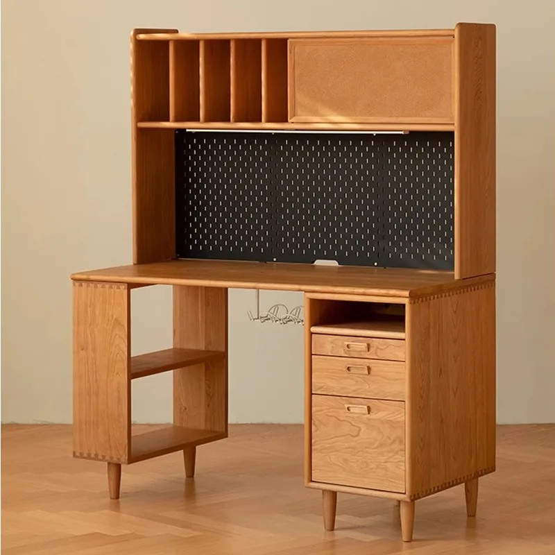 Cherry wood study table with bookshelf, integrated North American red oak computer desk with drawers Student solid wood desk