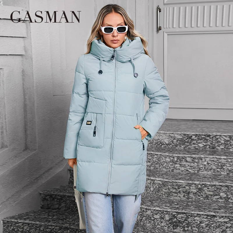 GASMAN 2024 Women Down Jacket Medium Classic zipper design Big Pocket Stand Collar Hooded Slim coat Women Parkas 83356