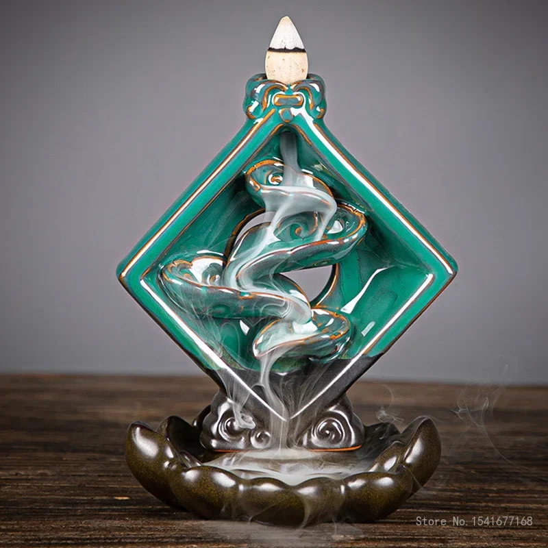 Ceramic Backflow Incense Burner, Creative Ornaments, Green Square, Round, Kiln Variable Decoration Ornament, Aroma Diffuser, 1Pc