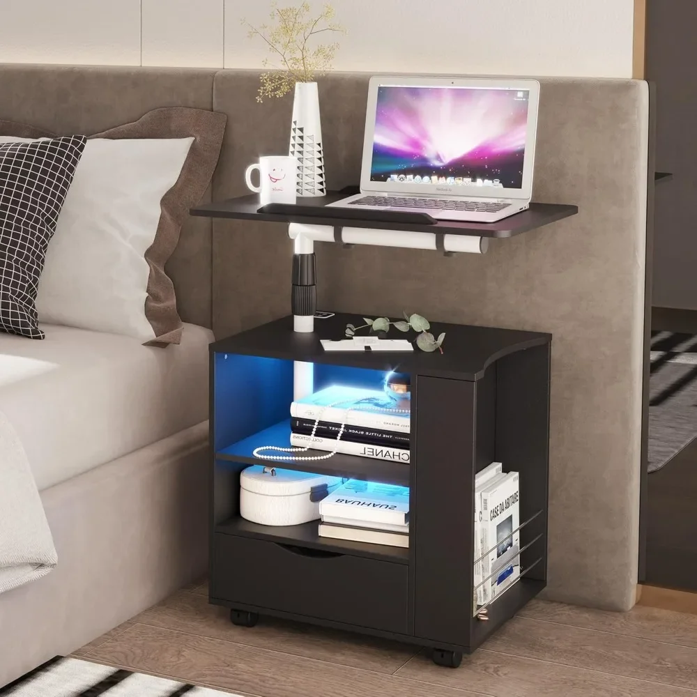 

LED Nightstand with Charging Station, Swivel Top Bedside Table with Wheels, Smart Night Stand with Laptop Table Works