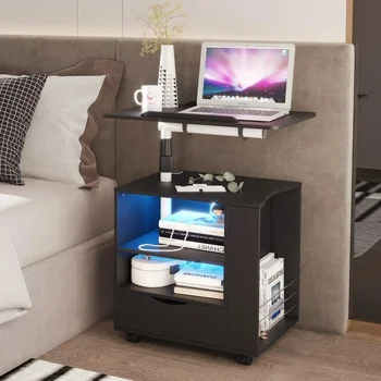 Image LED Nightstand with Charging Station, Swivel Top Bedside Table with Wheels, Smart Night Stand with Laptop Table Works