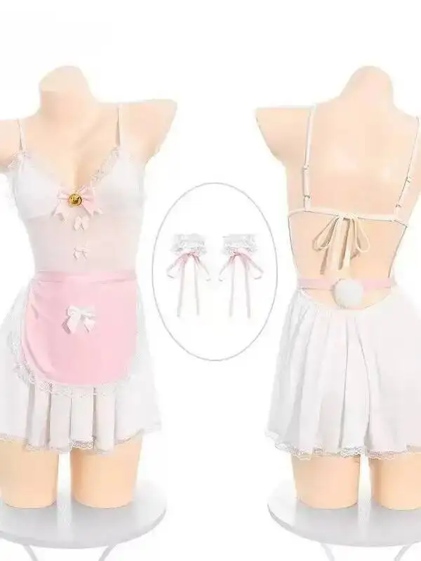 Mała Kotka Pokojówka Role Play Sukienka Nocna na Ramiączkach Odkrywająca Biust Seksowna Sukienka w Stylu Czystej Pożądania Elegancka Modna Słodka Mini Sukienka AAZ8