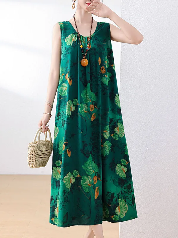 Summer New Cotton Silk Dress Women Loose Slimming Midi Skirt Beach Dress Gentlewoman Style Soft Viscose Fabric Sleeveless Lon...