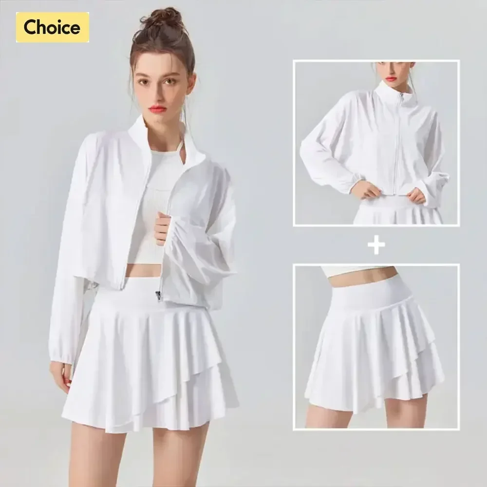 

Sun Protection Women's Tennis Golf Sports Set Outdoor Workout Long Sleeve Jacket and Pleated Skirt 2 Piece Set