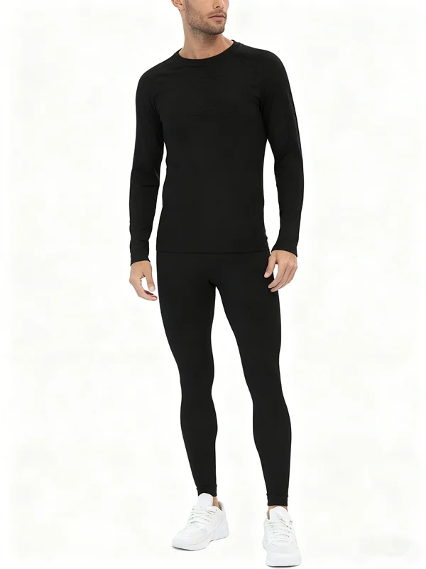 طقم ملابس داخلية حرارية للرجال، معدات تزلج شتوية طويلة جونز بطبقة أساسية دافئة من الأعلى والأسفل للتزلج باللون الأسود