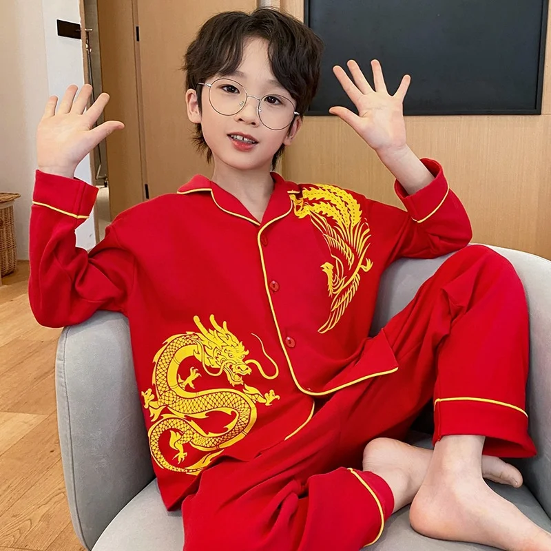 Spring Autumn Children Pajama Set Cute Cartoon Loose Comfortable Red Long Sleeves Trousers Children\'s Lounge wear