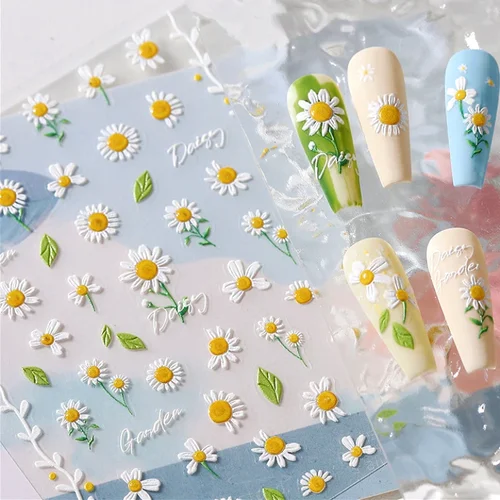 리빙 데이지 녹색 잎 건조 꽃 나비 매듭, 나비 식물 꽃잎 접착 네일 아트 장식 스티커, 용수철 매니큐어 데칼