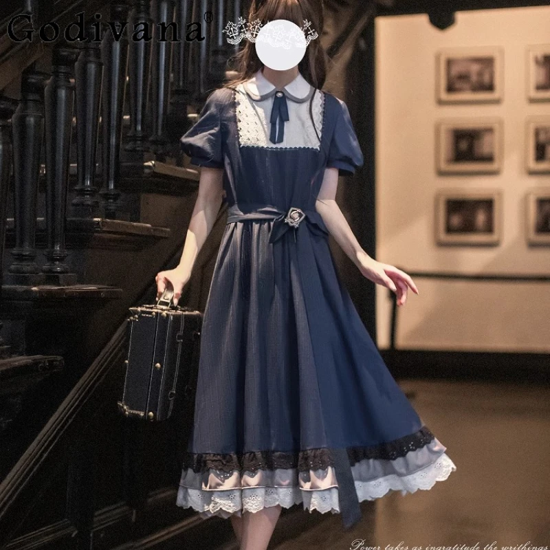 الربيع الصيف الحلو لوليتا فستان السيدات الأصلي الأنيق الرجعية الأزرق الداكن فستان الأميرة المرأة الصيف فستان قصير الأكمام