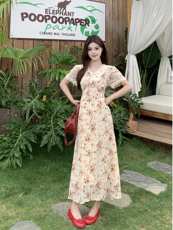 

plus Size Floral Print A-Line Dress Women's Summer New Style Slimming High Waist Short Sleeve French Style City Commute Dress