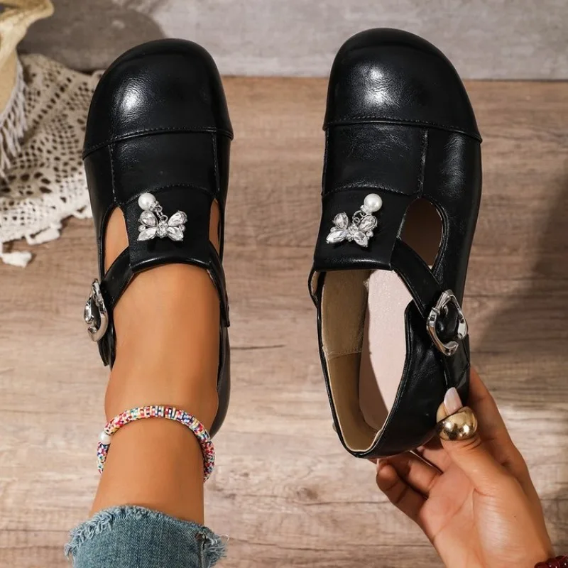 Women's Mary Janes Round Toe Low Block Heel Smooth Upper Strap Pearl Charm Accent Casual Daily Outdoor Traveling Footwear Shoes