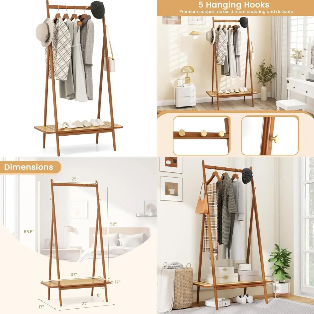 

Стойка для одежды с верхней полкой из ротанга высотой 65,5 дюймов и 5 медными крючками - коричневая