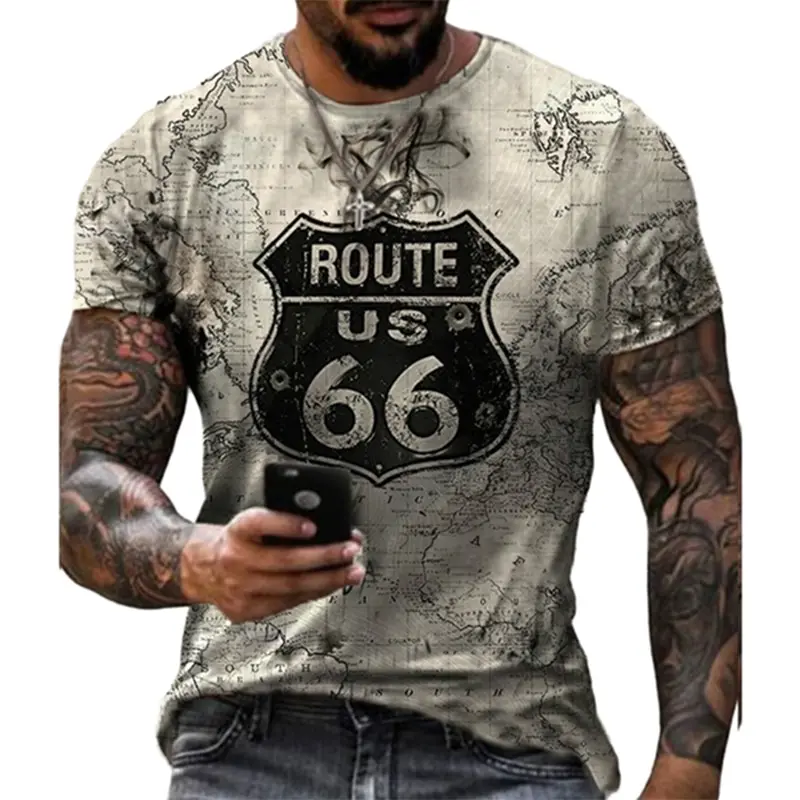 Men\'s Summer  T-shirt Plus Size Loose Vintage  Fitting Vintage Short Sleeve Fashion US Route 66 Letter Print 3D O-Neck T-shirt