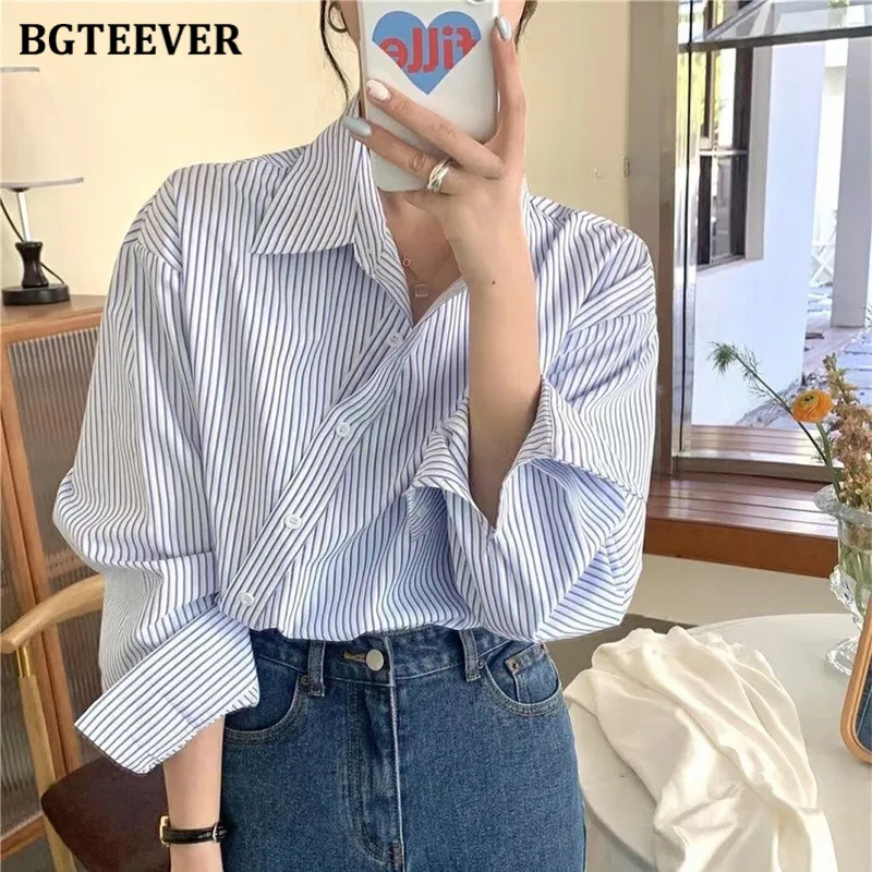 BGTEEVER Casual Lapel Women Striped Blouses Spring Summer Long Sleeve Single-breasted Shirts Blusas for Women