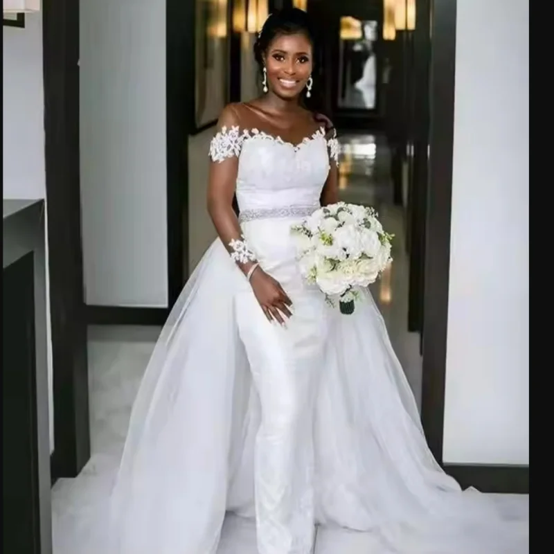 Customized Shinny Lace Applique Beaded Belt Wedding Dress For Bride Illusion Full Sleeve Church Bridal Gown with Removable Skirt