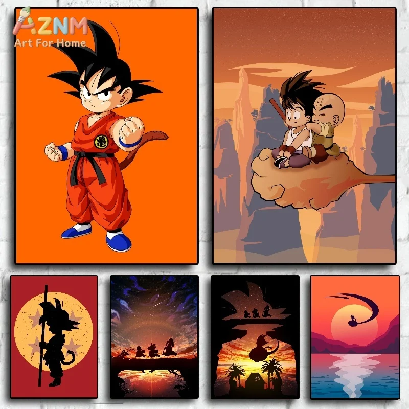 AZNM Dragon Ball Kid Goku Krillin Flying Nimbus Unframed Canvas Print Sunset Silhouette Anime Wall Art Poster Home Decor