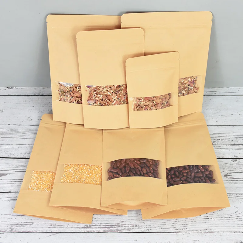 20/50pcs Kraft Paper Zip Lock Bags With Window Food Snack Tea Self Sealing Storage Bag Wedding Home Candy Gifts Packaging Pouch