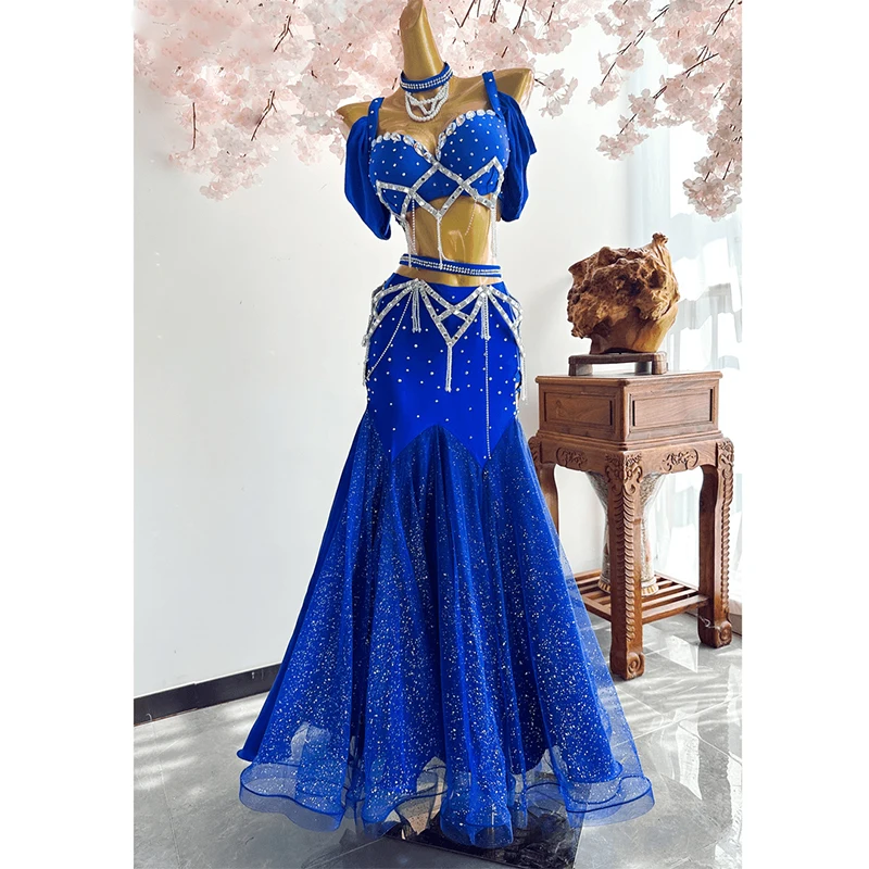 Belly Dance Suit Diamond Bra Belt Chiffon Big Swing Skirt Performance Set High-End Custom Adult Child Competition Clothing