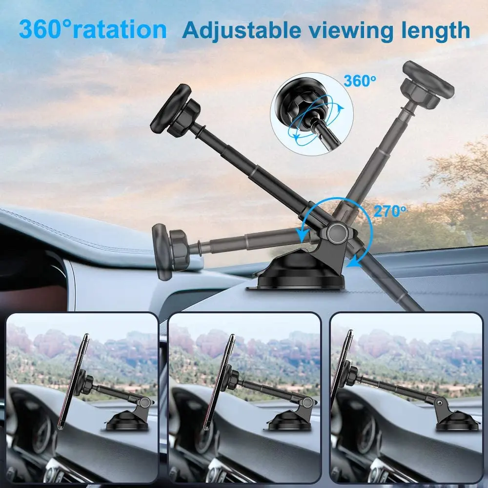 ที่วางโทรศัพท์ในรถยนต์แบบแม่เหล็กสากลสําหรับแดชบอร์ดและกระจกหน้ารถยนต์พร้อมแม่เหล็กที่แข็งแกร่ง 6 อันและแขนยืดไสลด์โลหะ - สีดํา