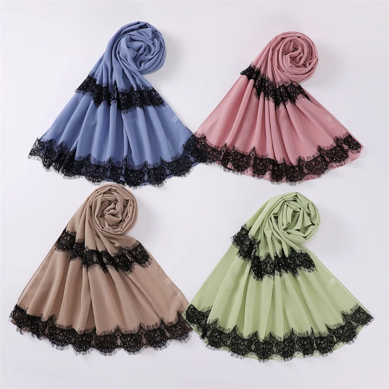 Plain Classic Lace Floral Bubble Chiffon Instant Hijab Shawl Lady High Quality Wrap Beach Cover up Bufandas Ramadan Muslim Sjaal