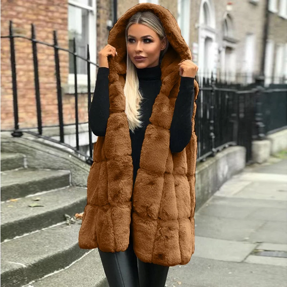 Women Sleeveless Hooded Coat Solid Color Warm Long Wool Coat Zip Up Outwear Coats Autumn Winter Jackets Fuax Fur Hooded Vest