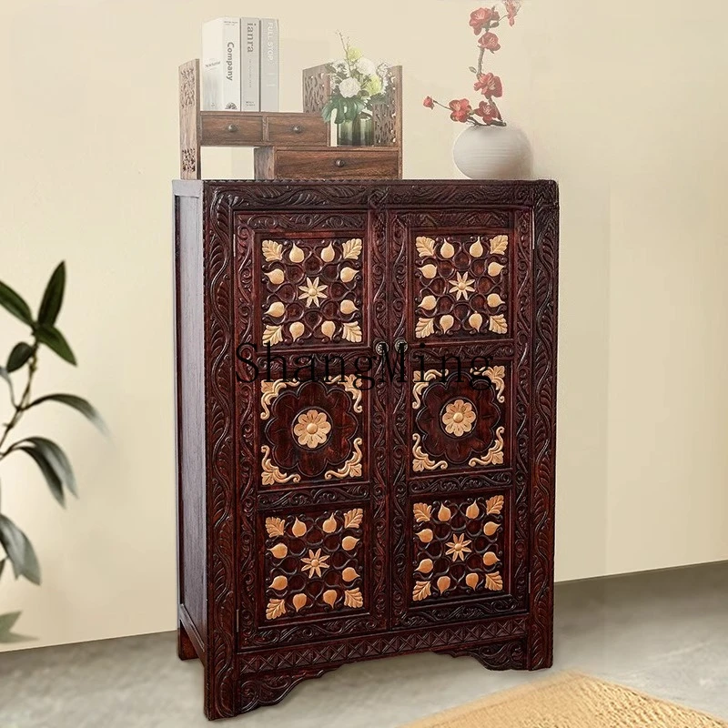 

FG new Chinese style elm porch storage partition shoe cabinet solid wood carving flower cabinet