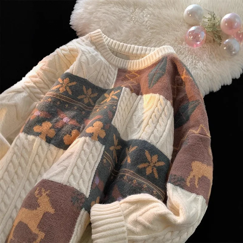 

Men's Winter Thickened Vintage Patchwork Sweater Slouchy Loose Thermal Warm Knitted Pullover Streetwear Edgy InnerOuterwear Soft