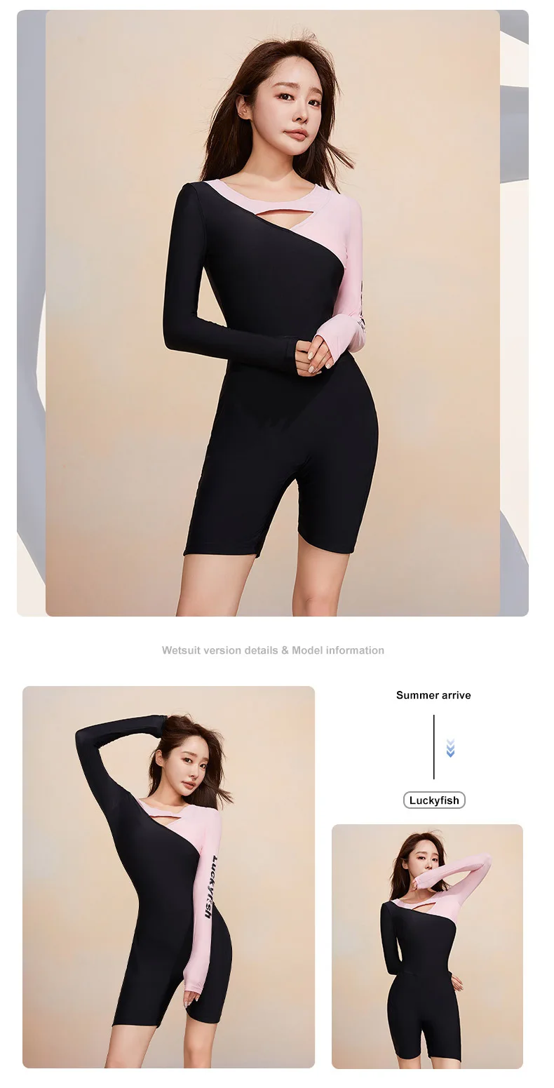 

Women Long Sleeve Spandex Outdoor Water Athletic Beach Surfing SwimSuit One Piece Knee Length Nylon Bathing Sports SwimWear