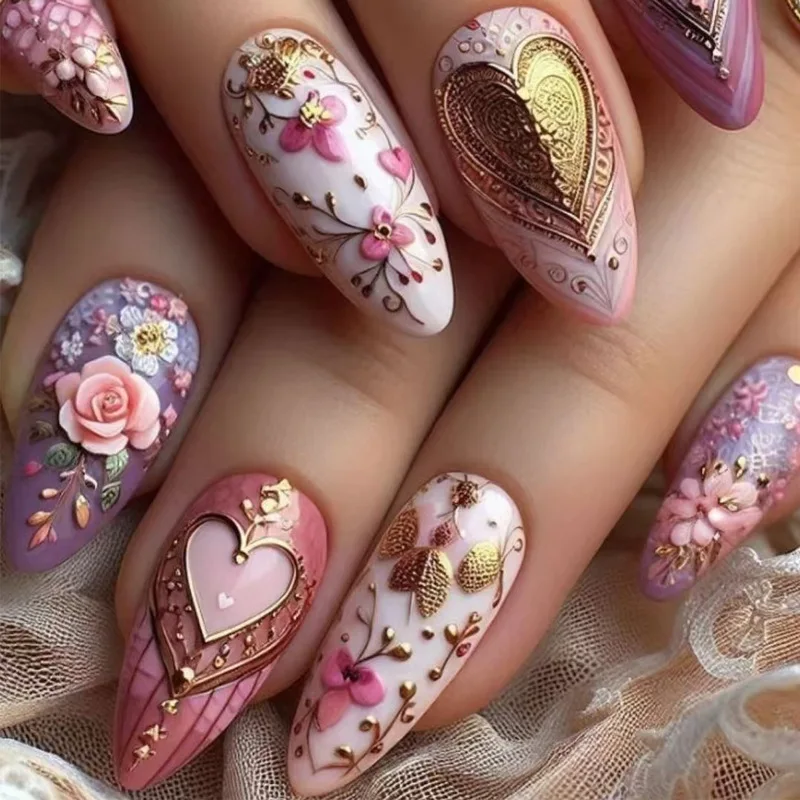 

24pcs Green Gradient Long Almond Press on False Nails Shiny Leaves Design Stick on Nail Tips Forest Mushroom Pattern Fake Nail