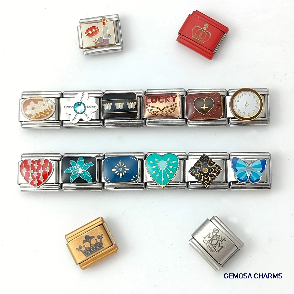 GEMOSA Y2K Creative Ancient Retro Style Italian Charms Link fit 9mm DIY Stainless Steel Jewelry Butterfly Flower Clock Bracelets