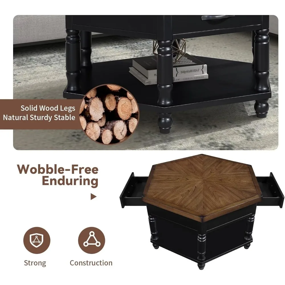 36" 2 Tier Hexagon Wood Coffee Table with Storage Shelf & Drawer Solid Wood Feet Mid-Century Vintage Center Coffee Table