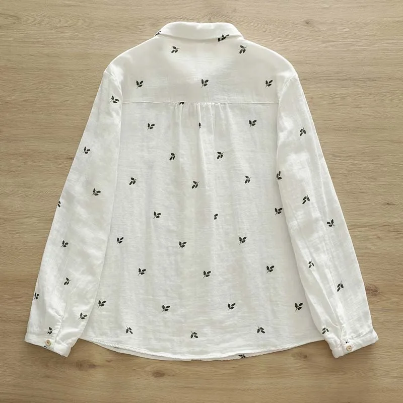 Women\'s Fresh Leaf Printing Long Sleeve Blouse Student Girl White Shirt Cotton Tops Autumn Blouse Literature Art Small Wholesale