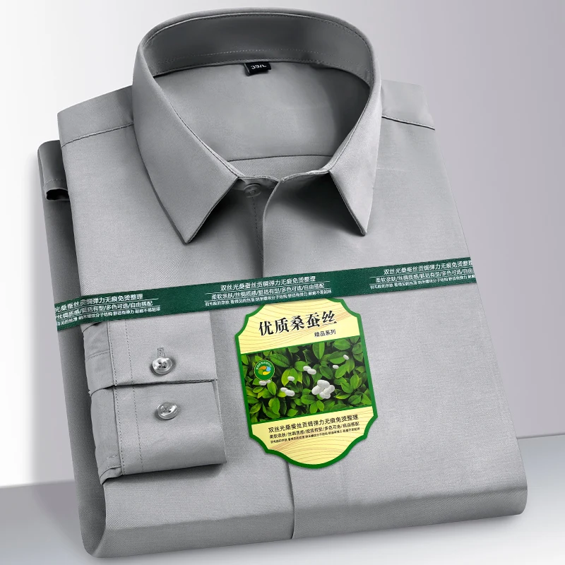 Men's shirts New Mulberry silk Spandex Seamless non-ironing anti-wrinkle Silky Stripe Business Casual Long Sleeve Shirt Clothing