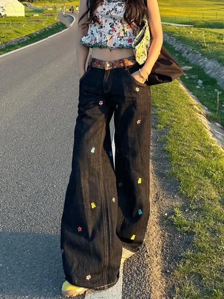 

Women Vintage Embroidery Cartoon Y2k Jeans Streetwear Wide Leg Straight Jean High Waist Trousers Classic Baggy Denim Pants