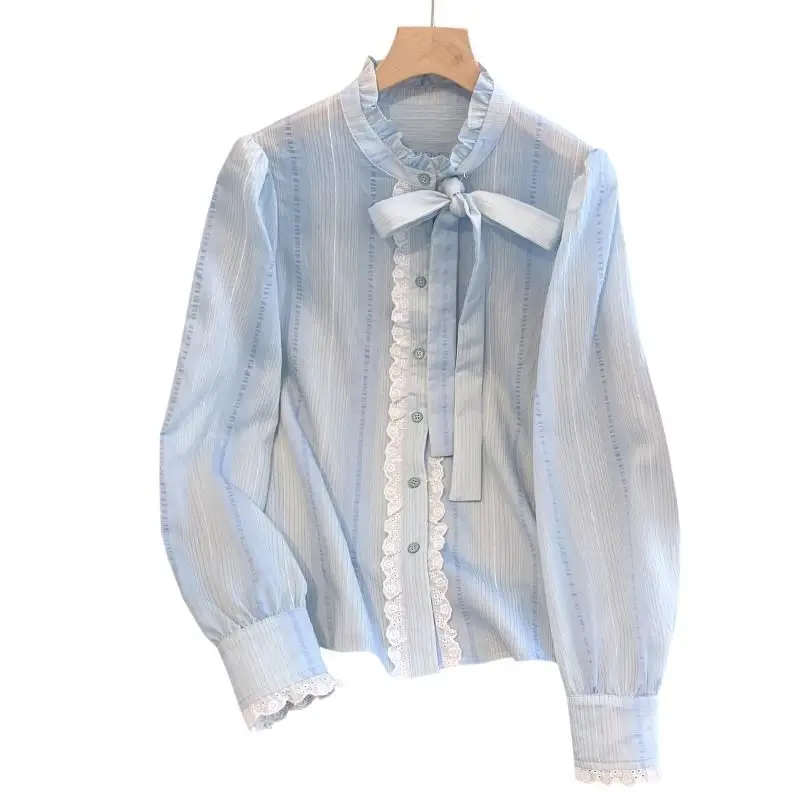

Sweet Spicy Butterfly Knot Lace Striped Women's Shirt Autumn French Blue Top Single Button Long Sleeve TT335
