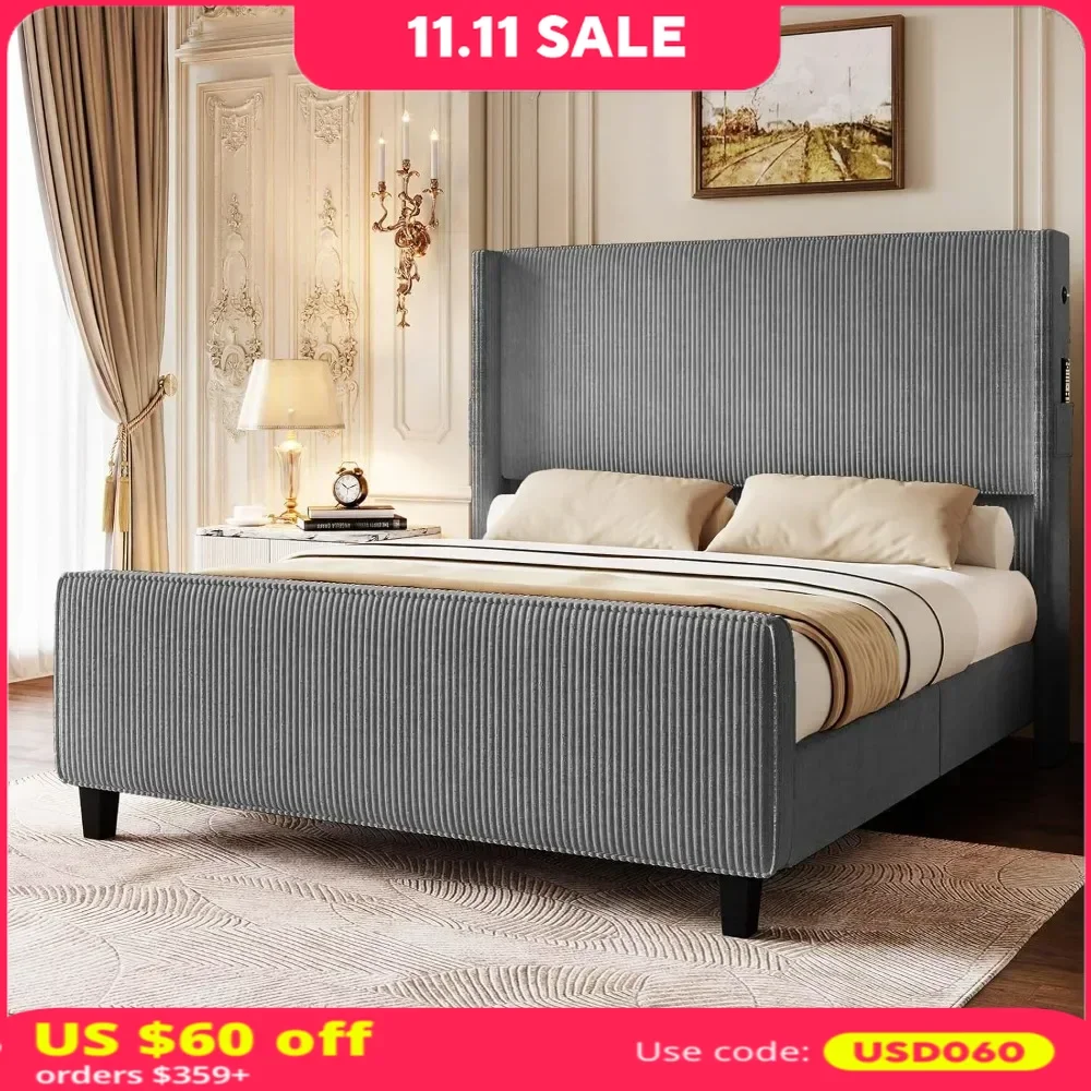 Queen Bed Frame with Headboard and Footboard，Corduroy Bed Frames with USB Ports Easy Assembly，Platform Bed Frame