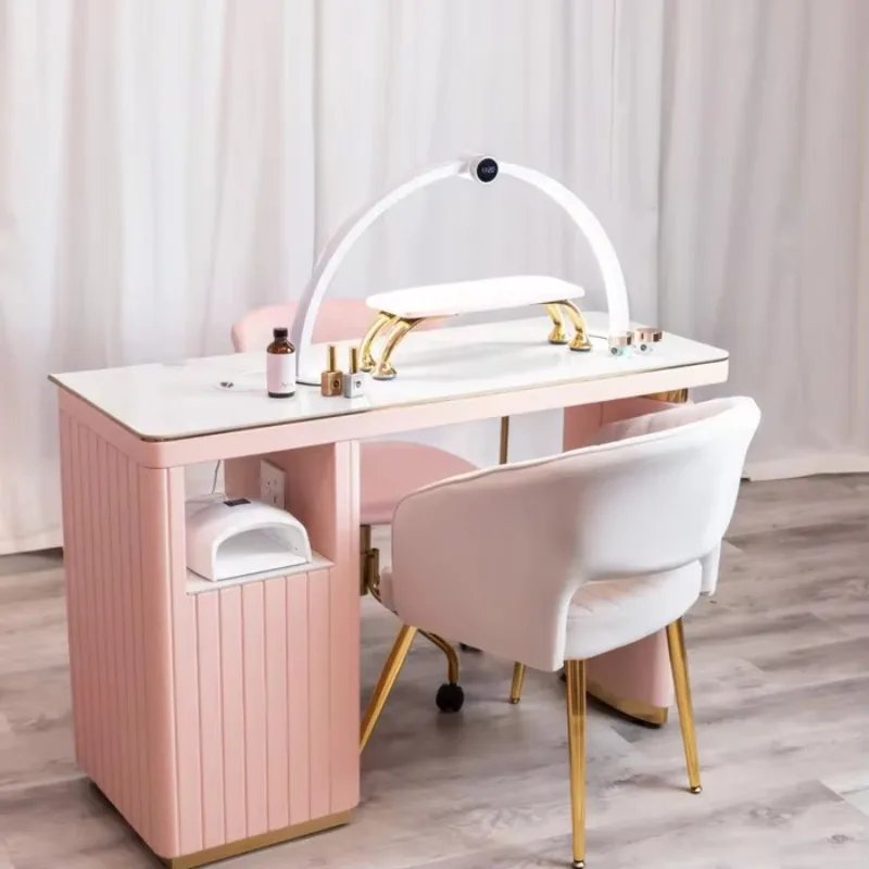 

Modern Nail Shop Beauty Salon Double Wood Manicure Table with Dust Collector, Socket, More Storage Nail Table