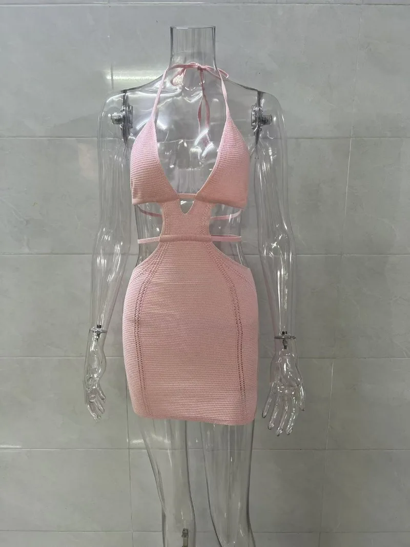 2025 verão férias praia de malha mini vestido feminino sexy oco para fora com decote em v rendas até halter sem costas bodycon beachwear cobrir ups