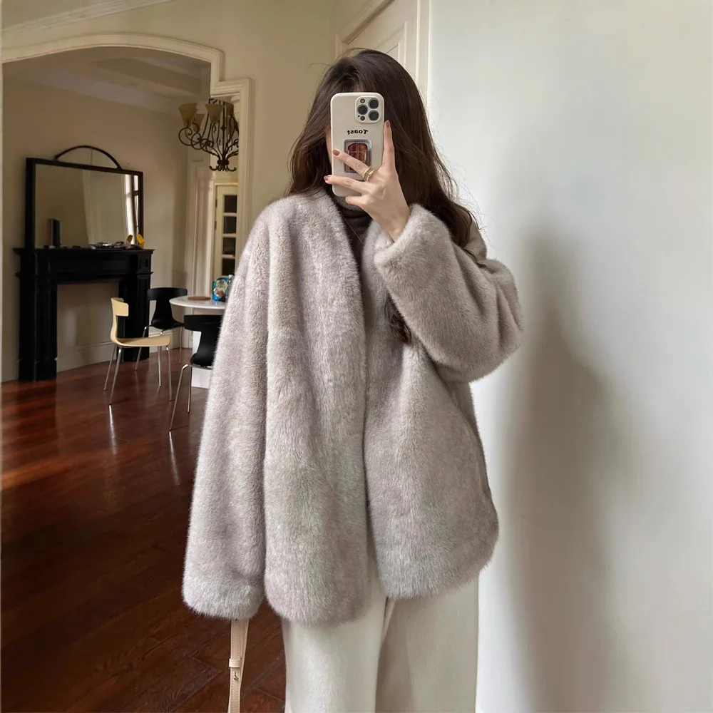Faux Fur Coats Women V Neck Short Coat Thick Warm Jackets Y2k Streetwear Elegant Work Open Stitch Outerwear Autumn Winter Jacket